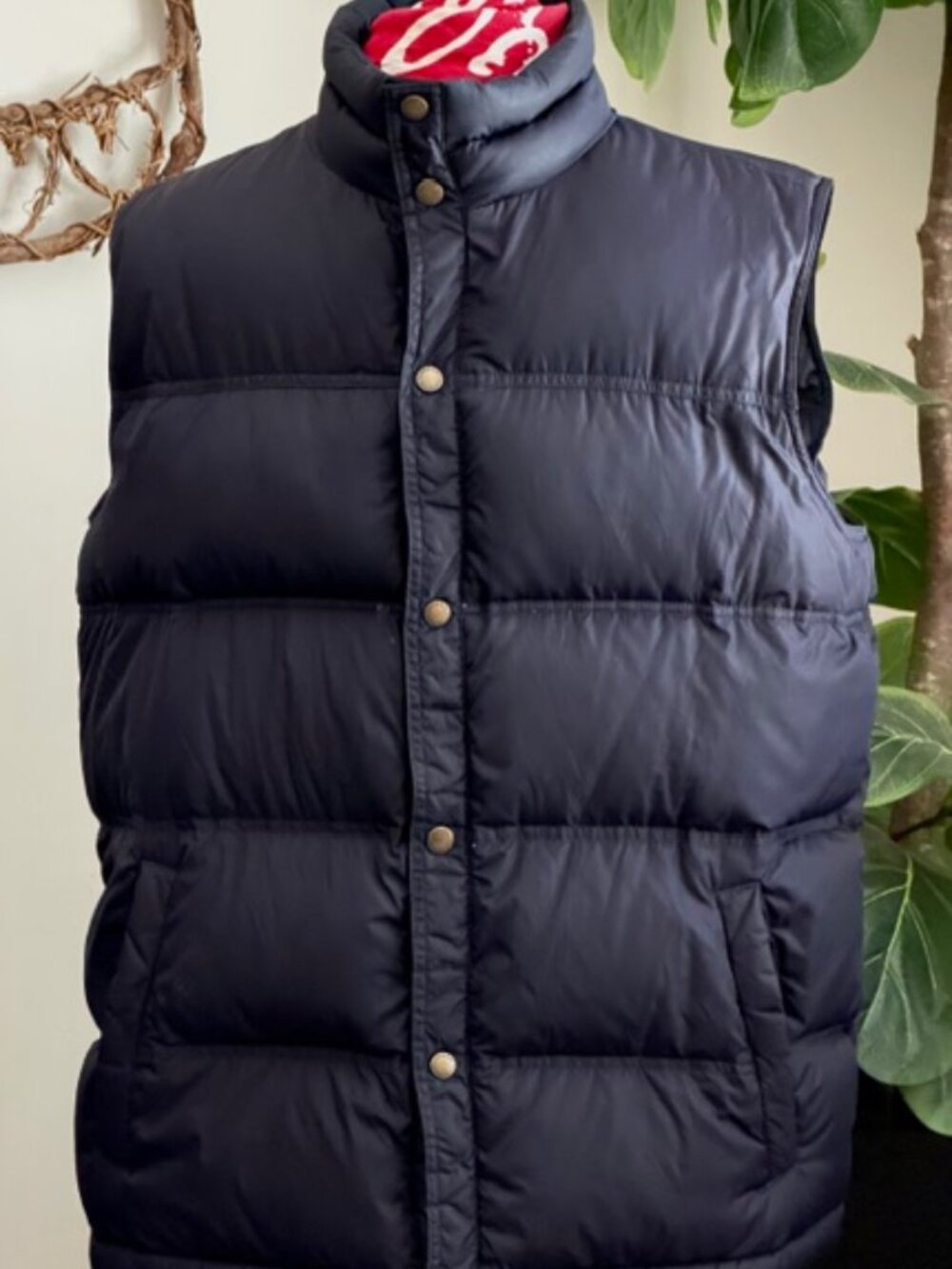 LANDS' END QUILTED DOWN PUFFER VEST DARK BLUE NYLON SNAP FRONT- UNISEX FIT LARGE